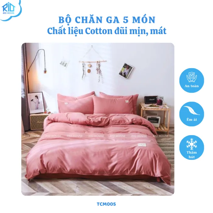 Bộ Chăn Ga Gối Cotton Đũi RIO F5TCM ( 5 Món )