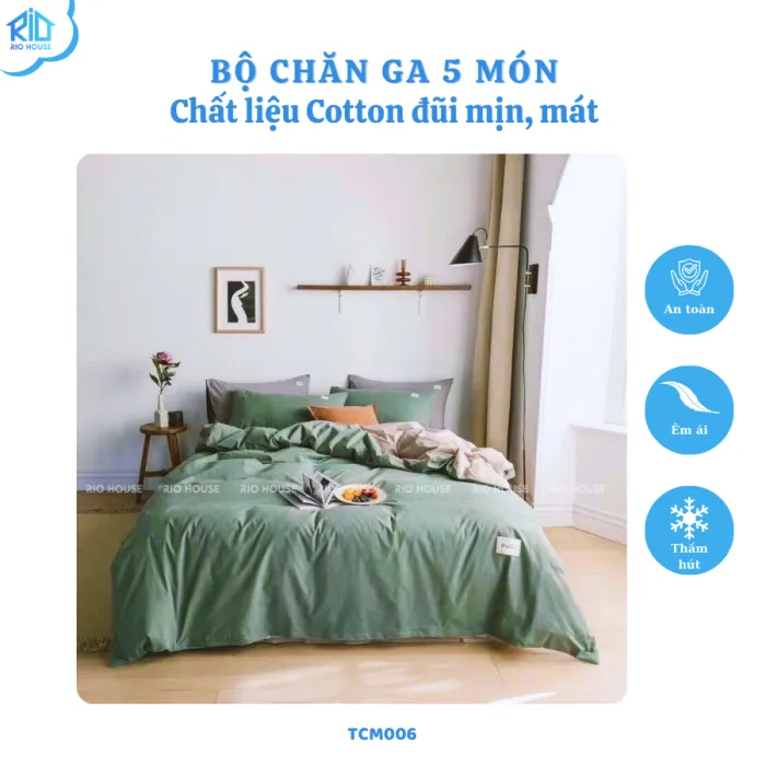 Bộ Chăn Ga Gối Cotton Đũi RIO F5TCM ( 5 Món )