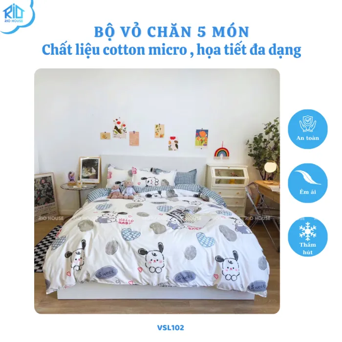Bộ Drap & Vỏ Chăn Cotton Micro RIO VSL ( 5 Món )