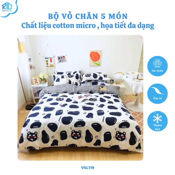 Bộ Drap & Vỏ Chăn Cotton Micro RIO VSL ( 5 Món )