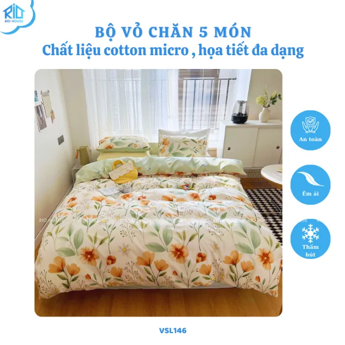 Bộ Drap & Vỏ Chăn Cotton Micro RIO VSL ( 5 Món )